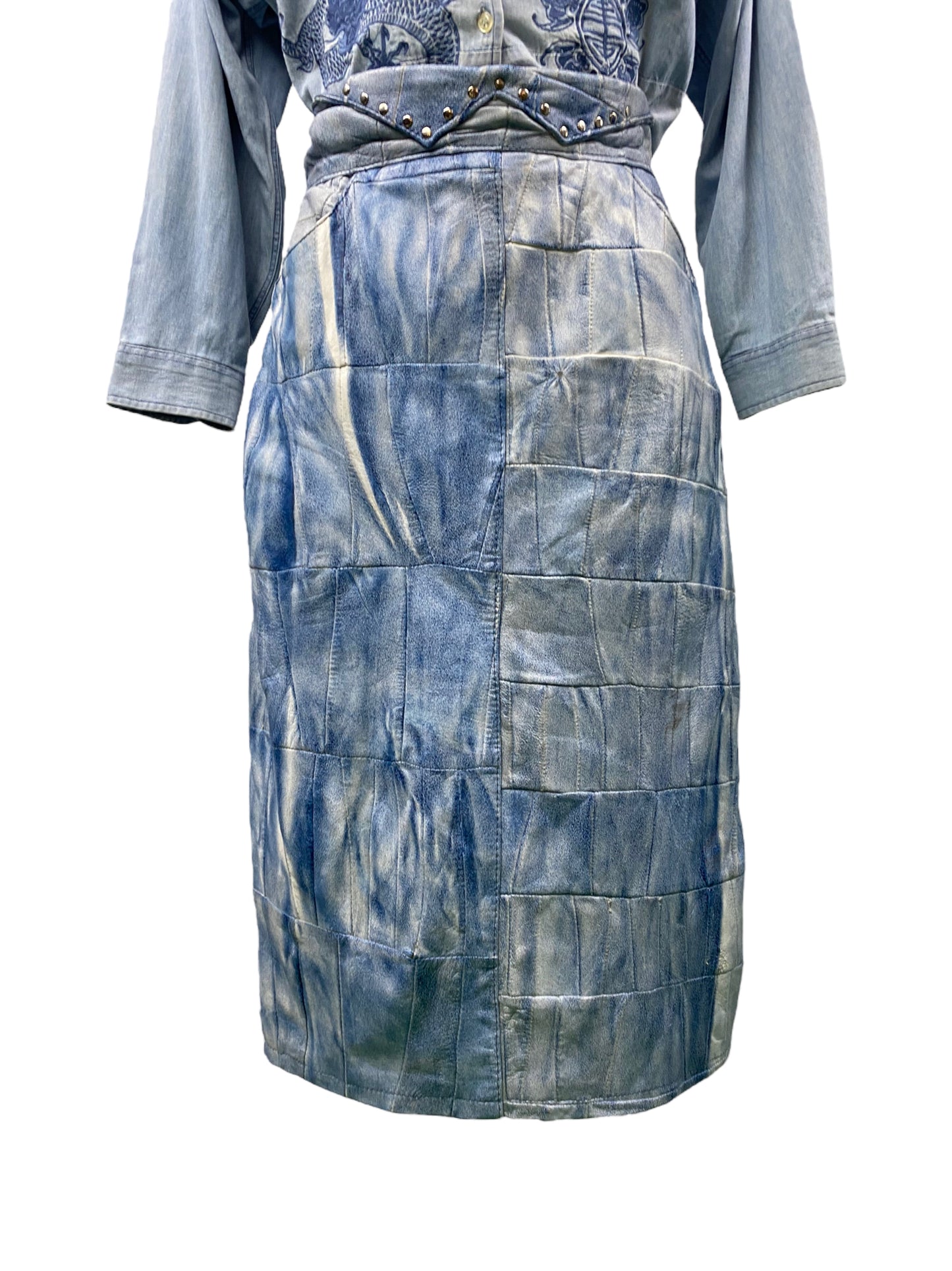 Jupe Fourreau Vintage Cloutée en Cuir Bleu