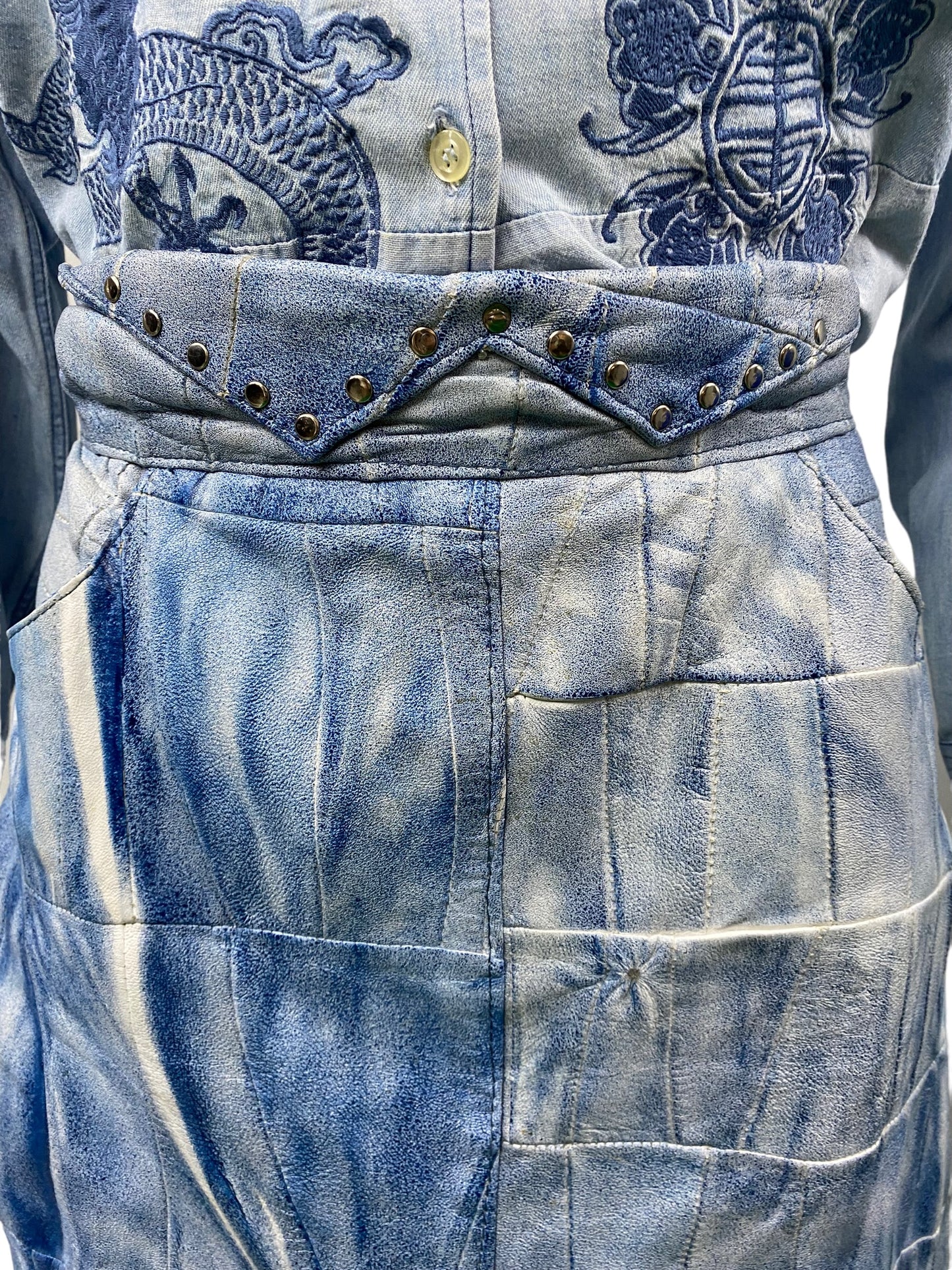 Jupe Fourreau Vintage Cloutée en Cuir Bleu