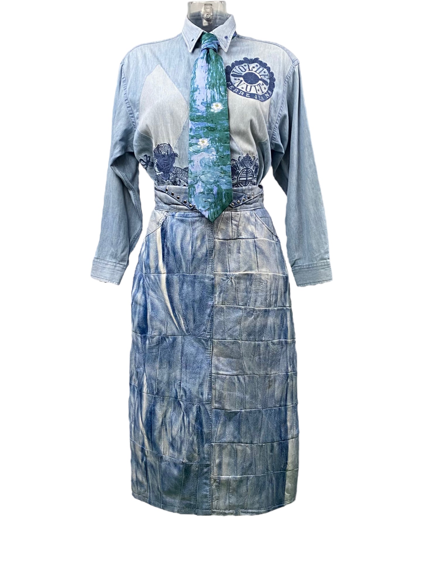Jupe Fourreau Vintage Cloutée en Cuir Bleu