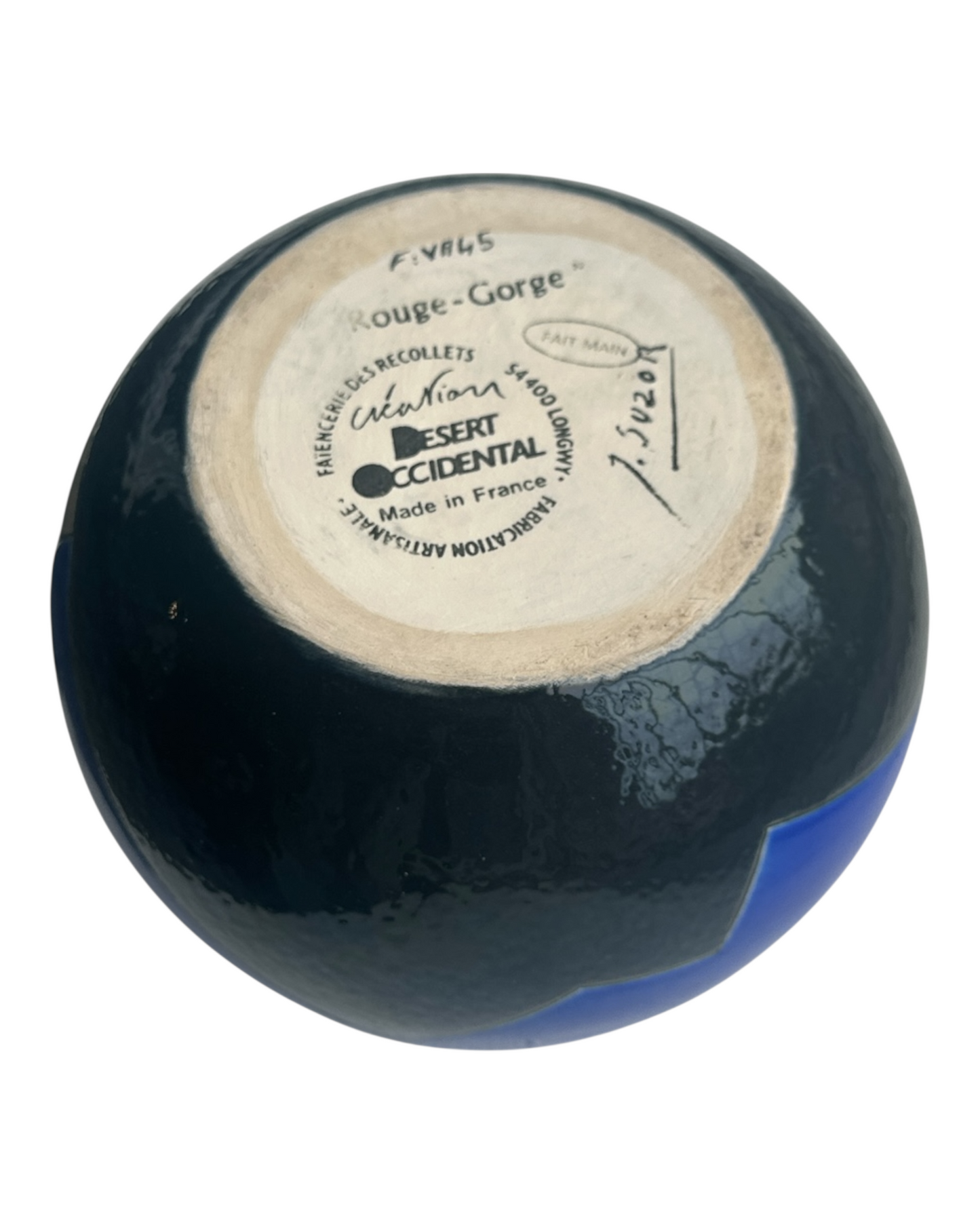Désert Occidental– Vase Céramique J.Suzor – Émail Craquelé Gris & Ligne Bleue Graphique – Fait Main – Atelier des Récollets – Code FVR45
