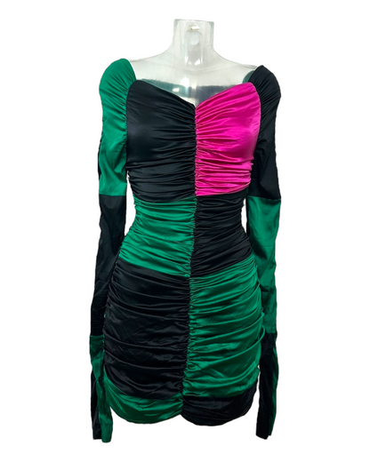 Angelo Tarlazzi – Robe plissé ruche – Color Block Satiné – Made in France – Années 1980 | Paris Bonheur