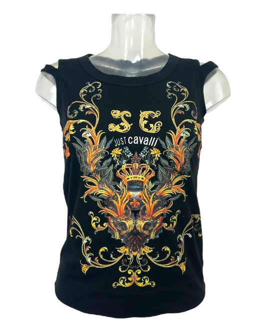 Just-Cavalli – top-sans-manches – motif-baroque-crâne-couronne – ajusté – noir-multicolore – Made in Italy – 2010's | Paris Bonheur