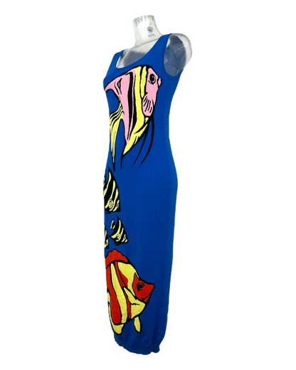 Boutique Moschino – Robe longue en maille imprimé poissons – Made in Italy