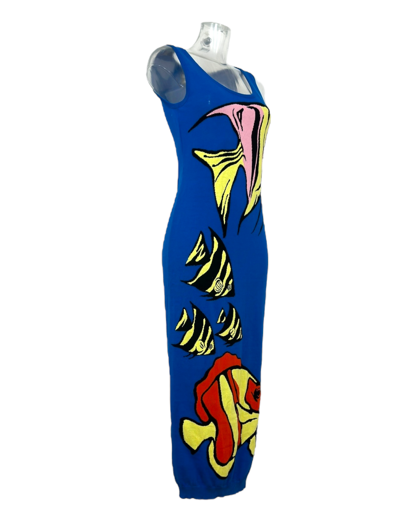 Boutique Moschino – Robe longue en maille imprimé poissons – Made in Italy