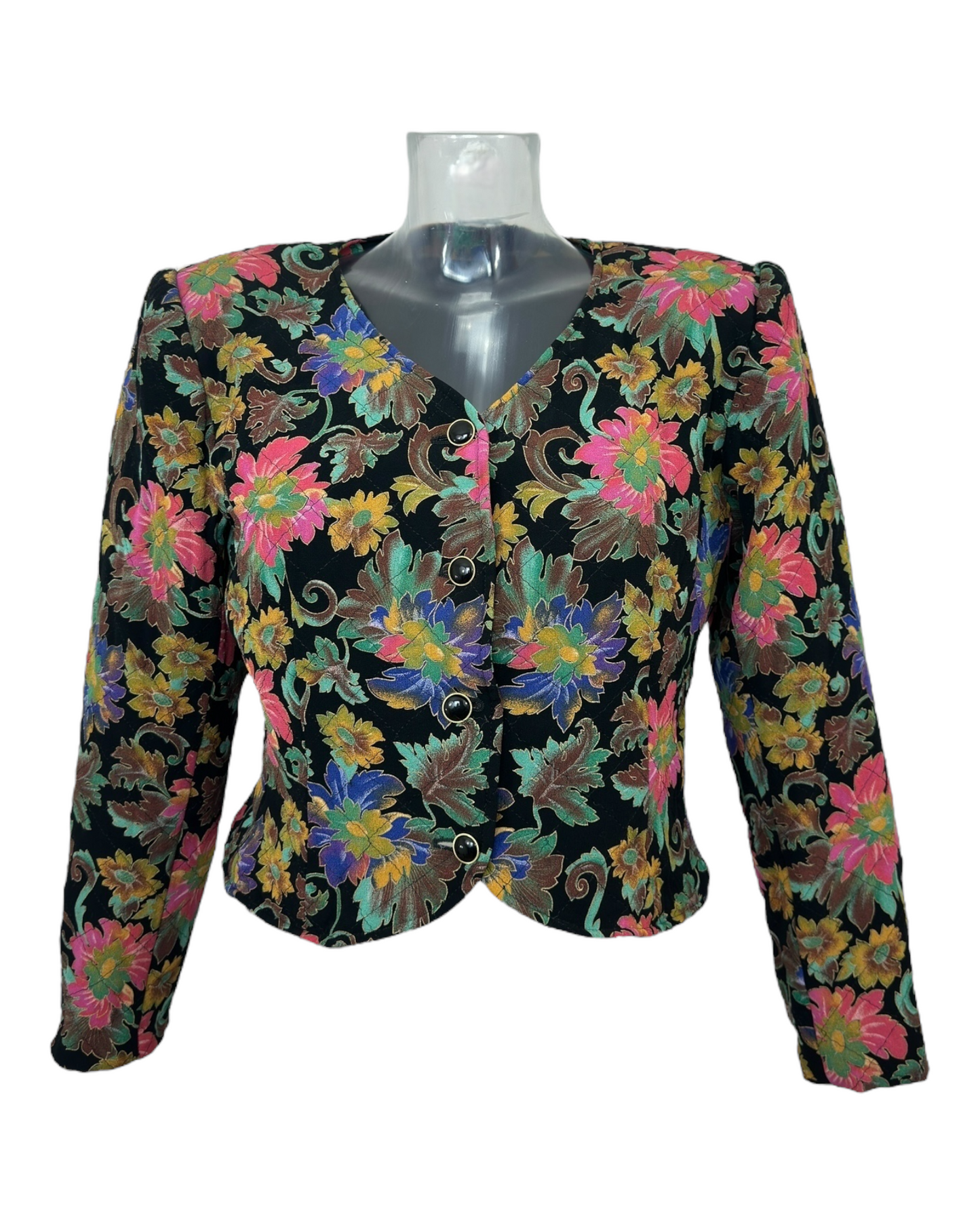 Ungaro-Solo-Donna – veste-cintrée – florale-multicolore – viscose – doublure-acétate-cupro – col-rond – 4-boutons – coupe-courte – taille-42IT – Made-in-Italy – 1980's | Paris-Bonheur