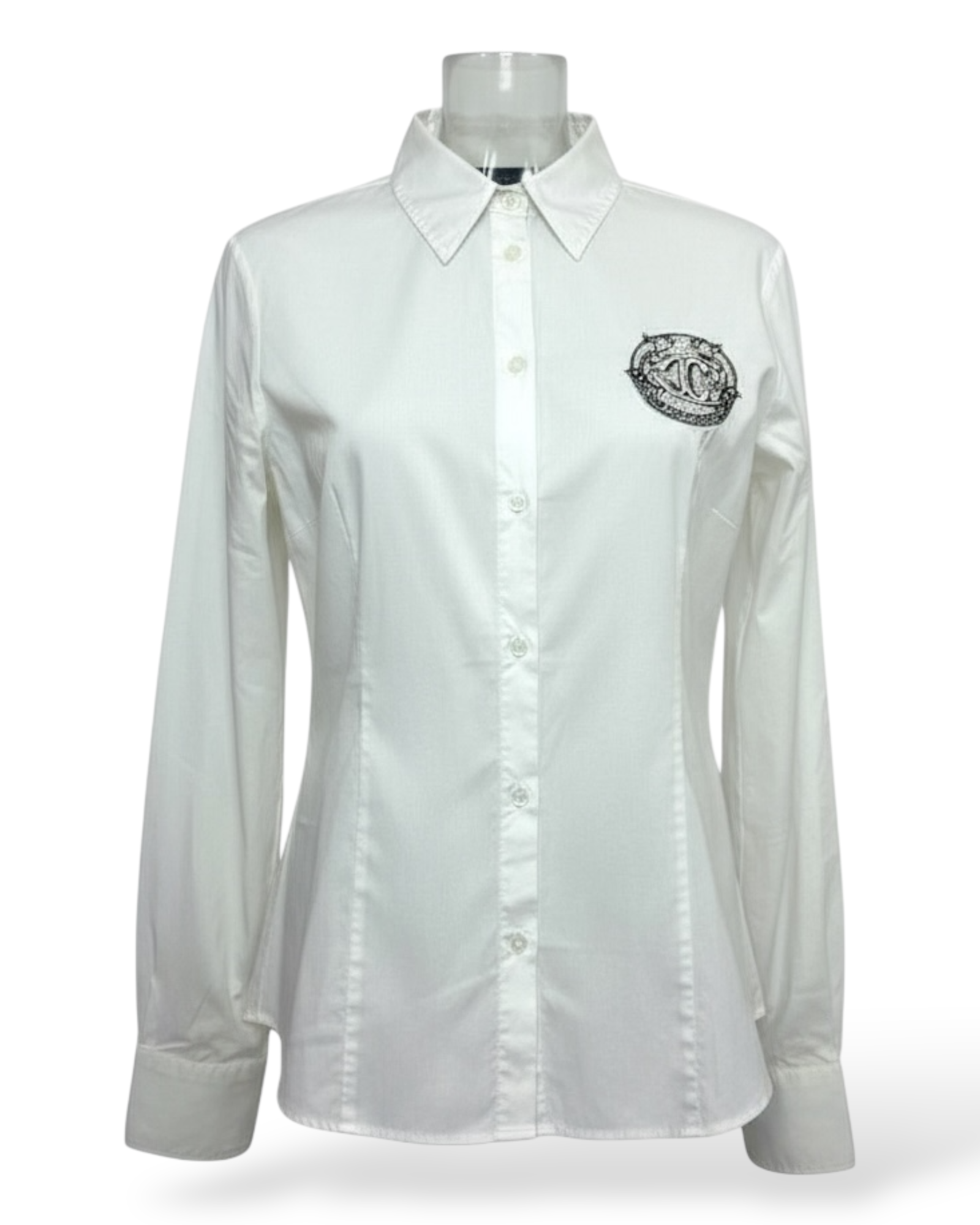 Just-Cavalli – chemise-cintrée – coton-élasthanne – blanc-lisse – patch-brodé – col-classique – boutonnière-centrale – taille-XL – Made-in-Italy – 2010's | Paris Bonheur