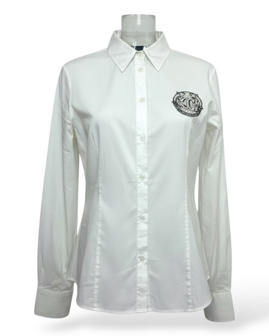 Just-Cavalli – chemise-cintrée – coton-élasthanne – blanc-lisse – patch-brodé – col-classique – boutonnière-centrale – taille-XL – Made-in-Italy – 2010's | Paris Bonheur