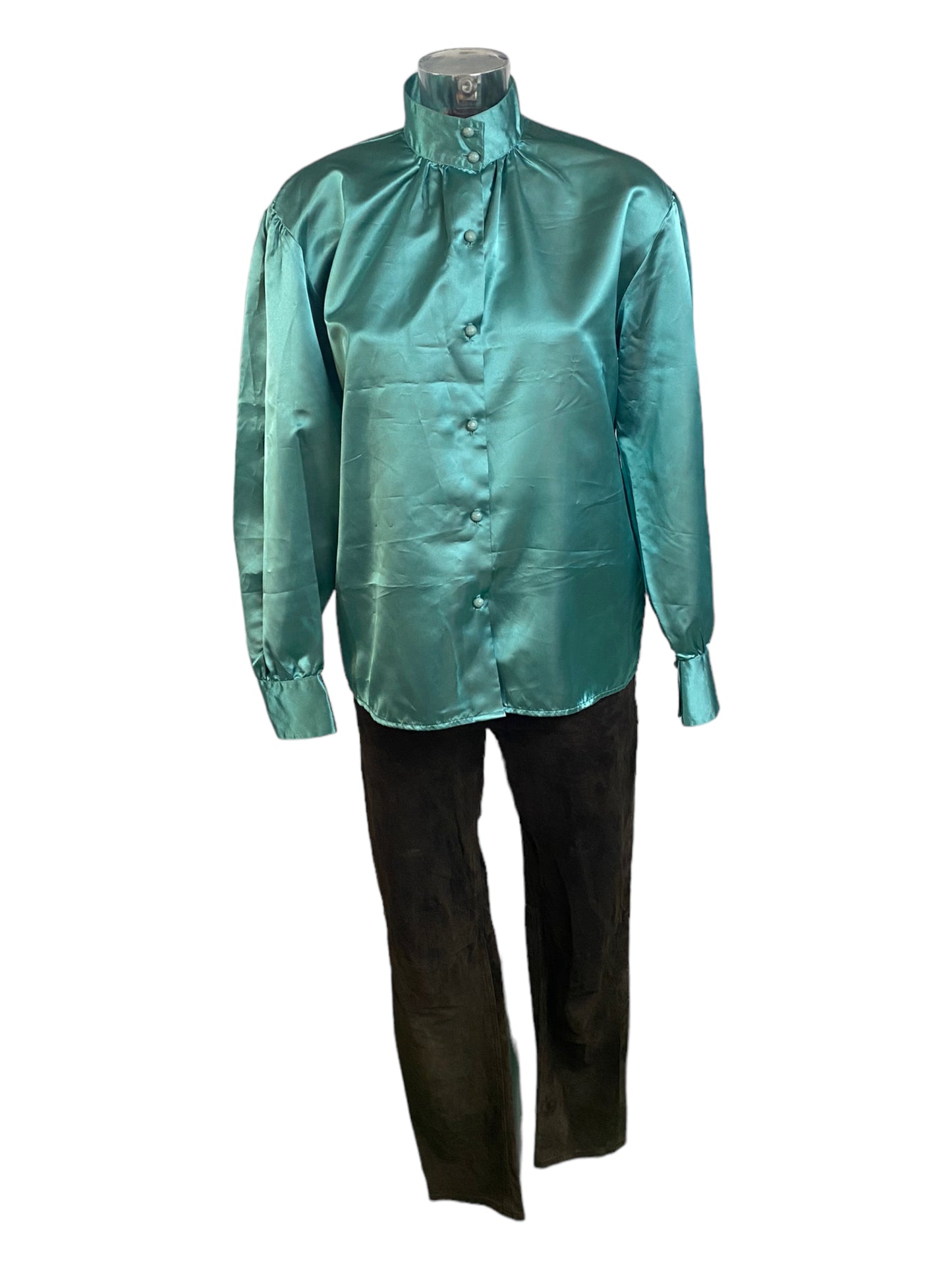 Vintage Turquoise Satin Shirt with officer collar and acrylic buttons