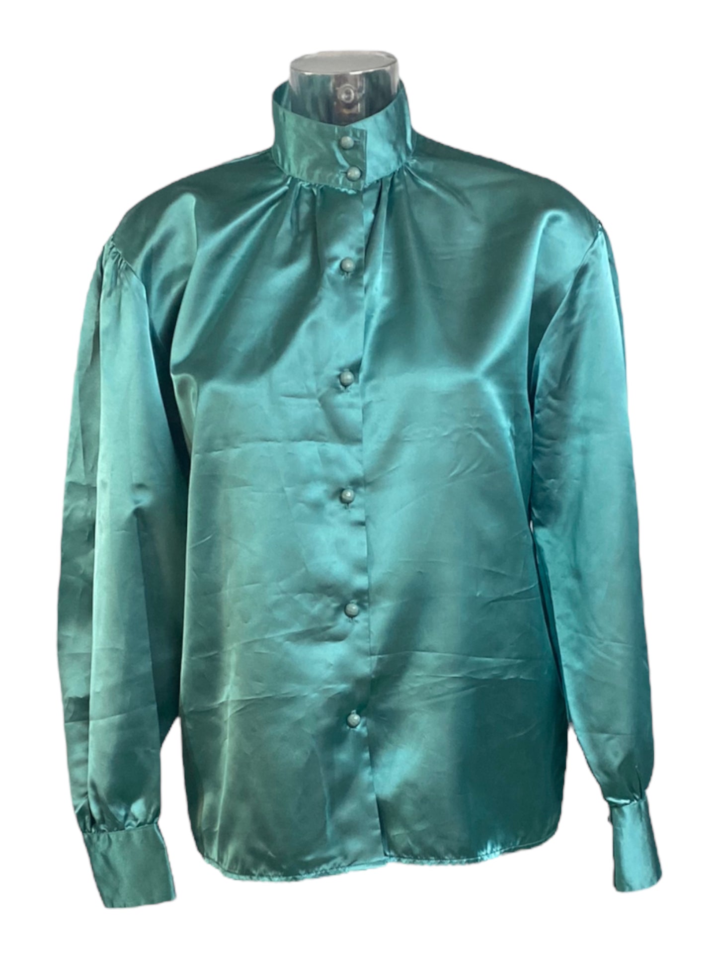 Vintage Turquoise Satin Shirt with officer collar and acrylic buttons