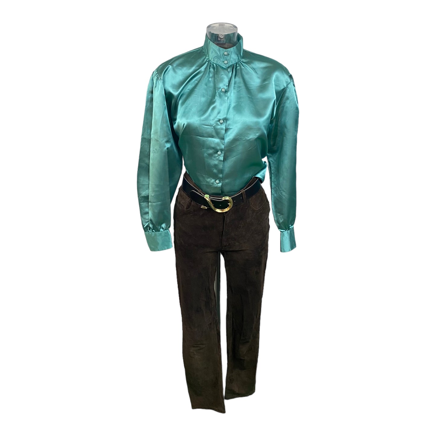 Vintage Turquoise Satin Shirt with officer collar and acrylic buttons