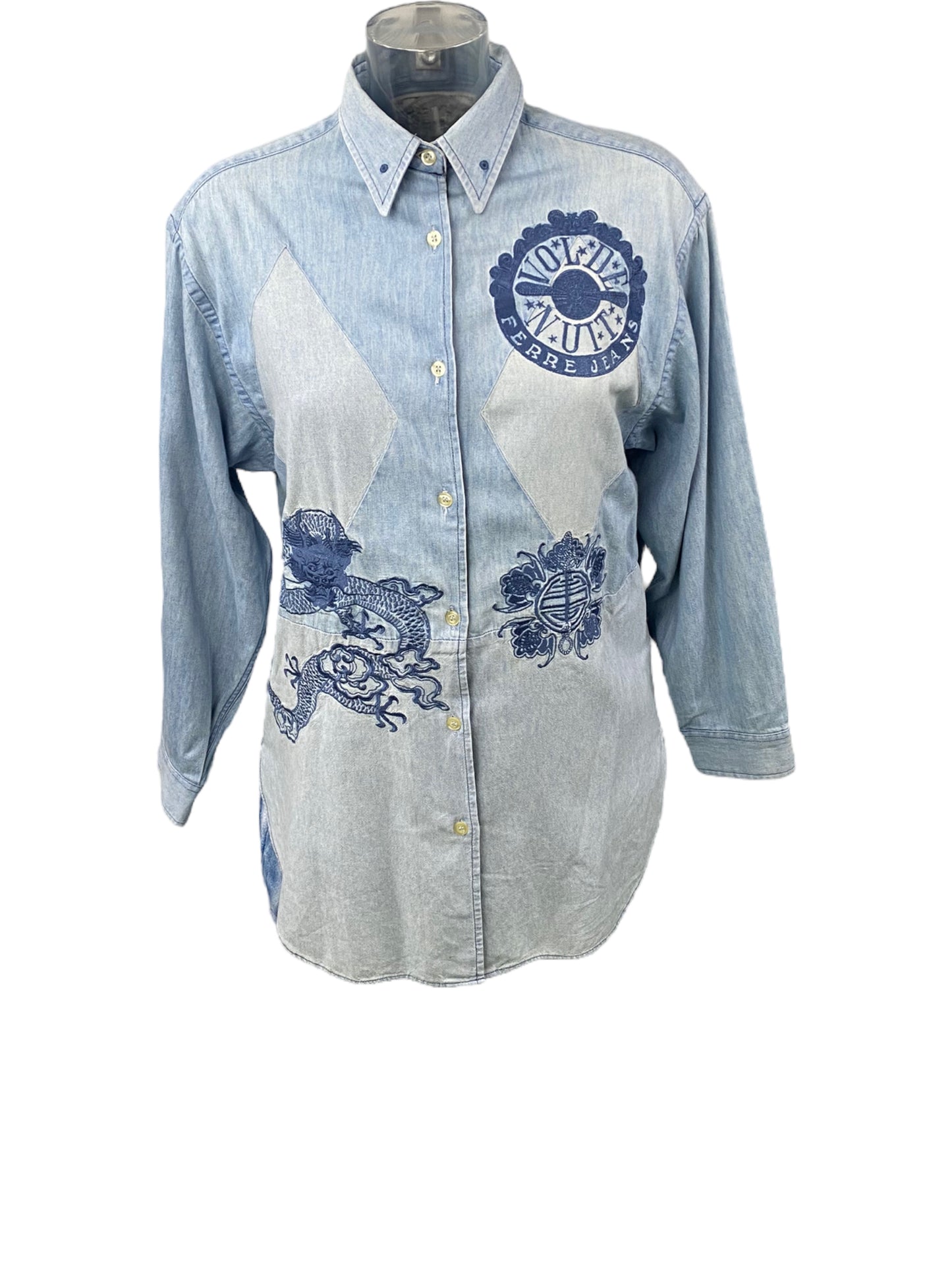 Chemise Vintage Brodée en Coton Bleu Jean