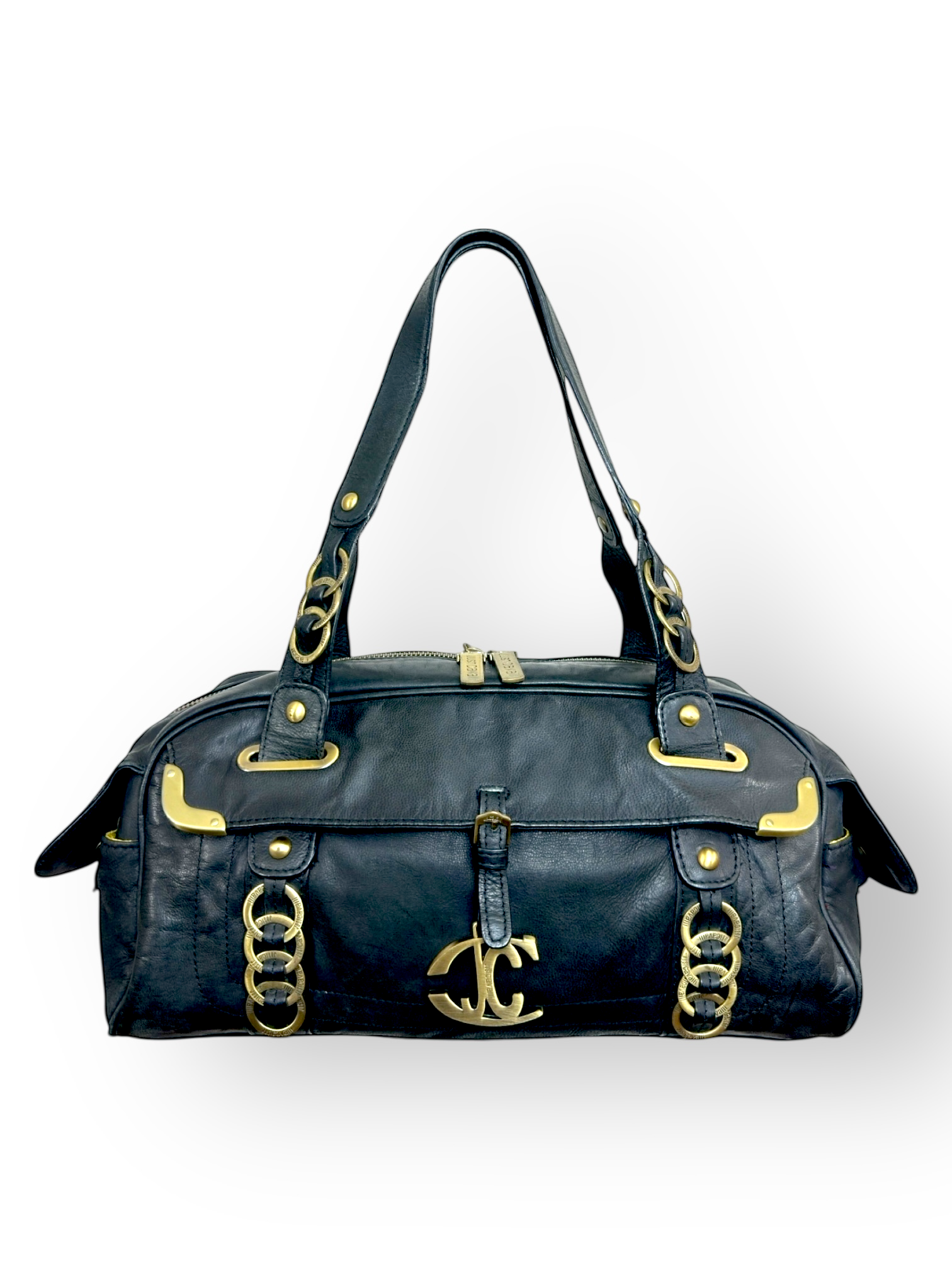 Sélection Paris Bonheur – sac-bowling – cuir-noir-lisse – métal-doré-gravé – silhouette-architecturée – artisanat-italien – provenance-Just-Cavalli – Circa-2000 | Paris-Bonheur