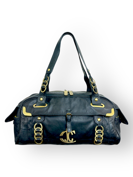 Sélection Paris Bonheur – sac-bowling – cuir-noir-lisse – métal-doré-gravé – silhouette-architecturée – artisanat-italien – provenance-Just-Cavalli – Circa-2000 | Paris-Bonheur