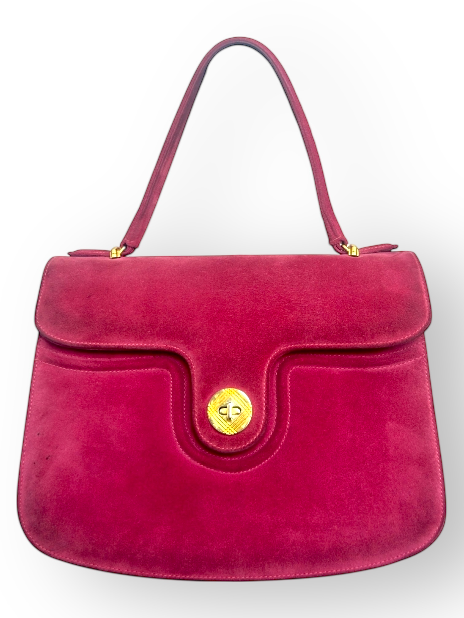 Sélection Paris Bonheur – sac-en-daim-framboise – fermoir-bijou-doré – structure-triptyque – artisanat-suisse – provenance-Grieder – Circa-1965 | Paris-Bonheur