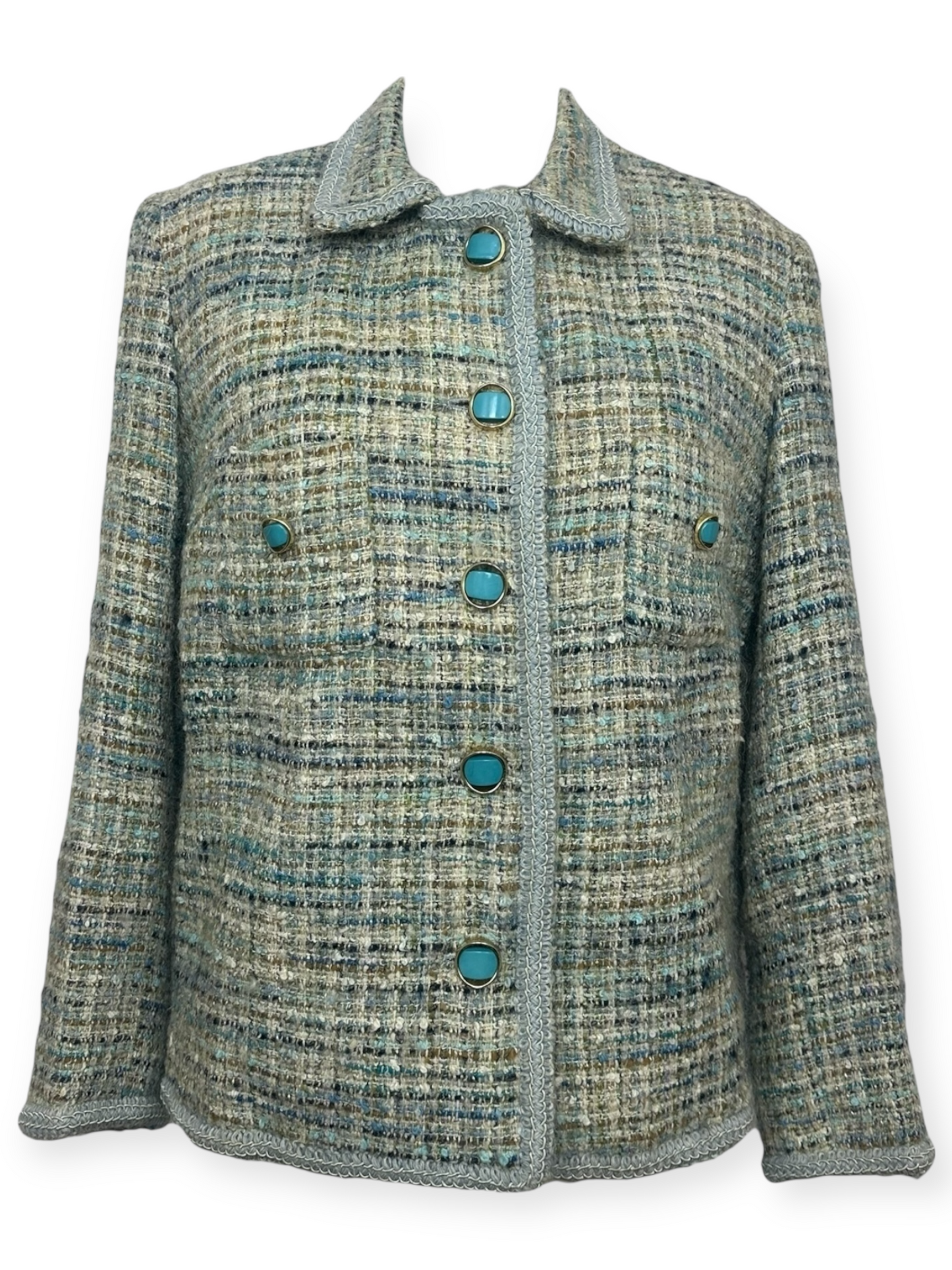 Sélection Paris Bonheur – Veste Tweed Couture – boutons turquoise– Années 70  – Made in France