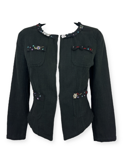 Moschino Jeans Donna – Veste Noire en Coton Texturé – Détails Brodés et Perles