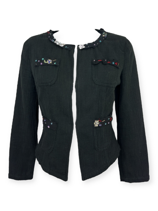 Moschino Jeans Donna – Veste Noire en Coton Texturé – Détails Brodés et Perles