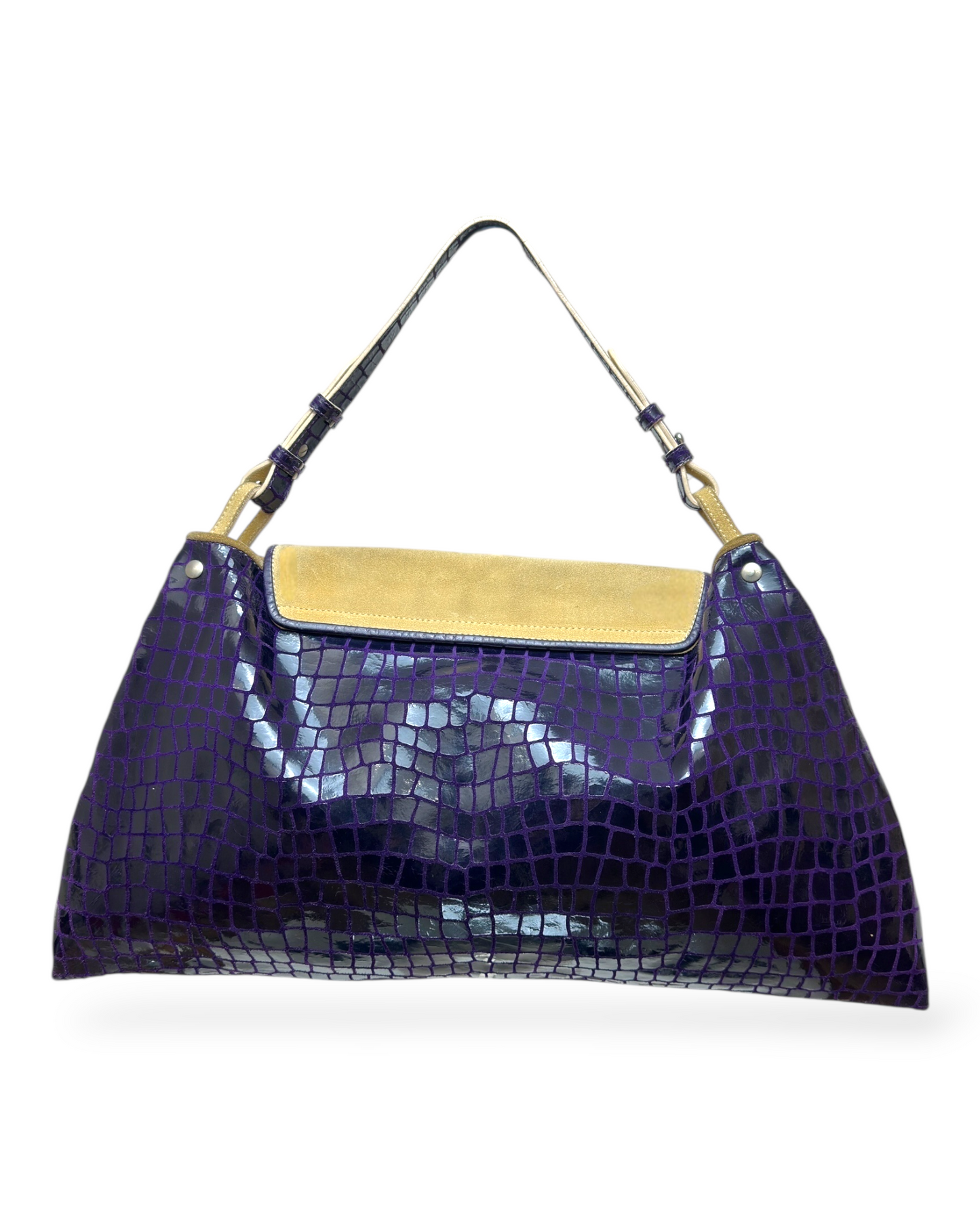 Emporio Armani – Sac Cuir Épaule  – Effet Croco Verni Violet & Daim Beige – Made in Italy