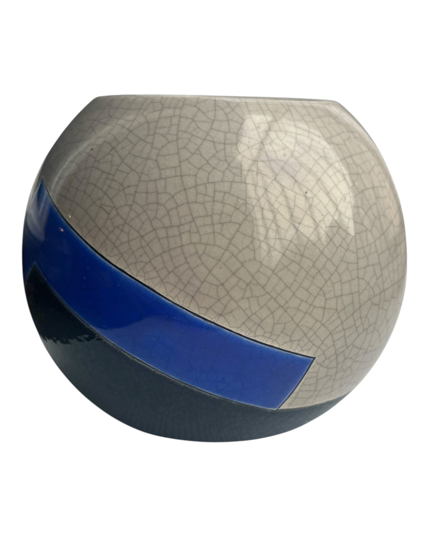 Désert Occidental– Vase Céramique J.Suzor – Émail Craquelé Gris & Ligne Bleue Graphique – Fait Main – Atelier des Récollets – Code FVR45
