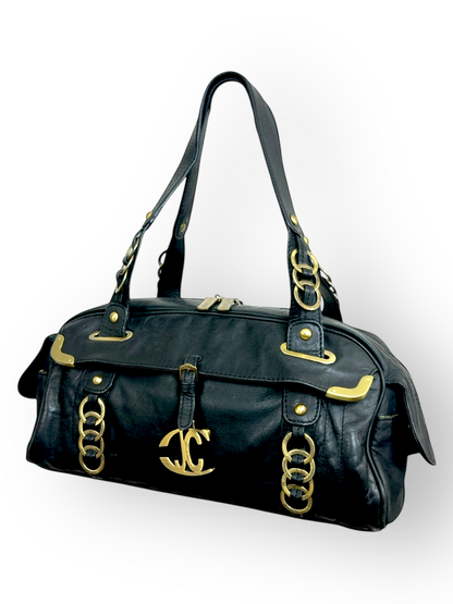 Just Cavalli – Sac Bowling – Cuir Noir & Métal Doré – Made in Italy