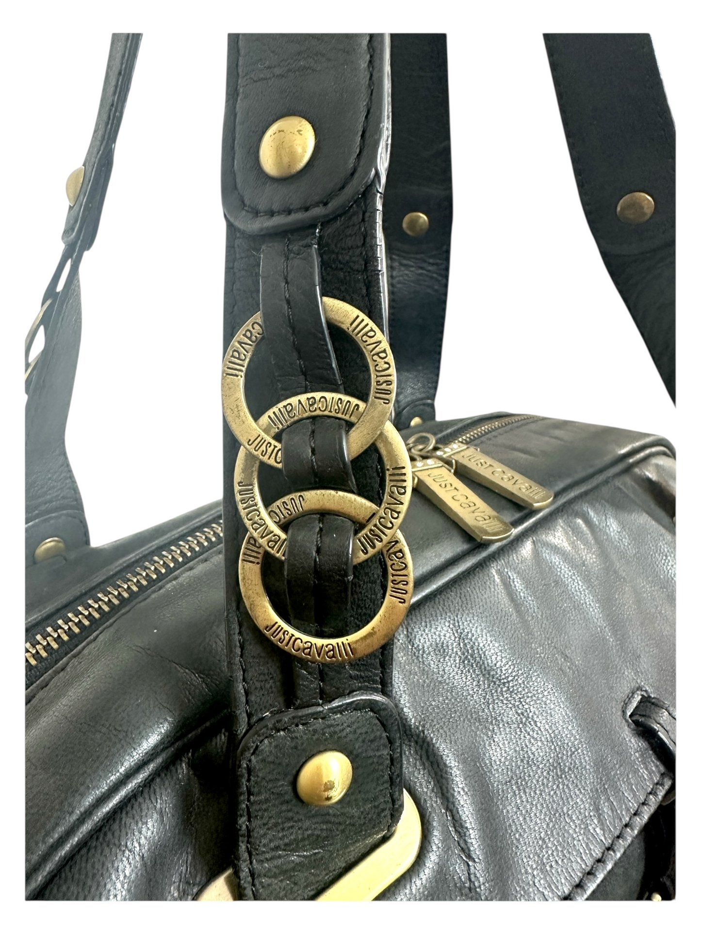 Just Cavalli – Sac Bowling – Cuir Noir & Métal Doré – Made in Italy