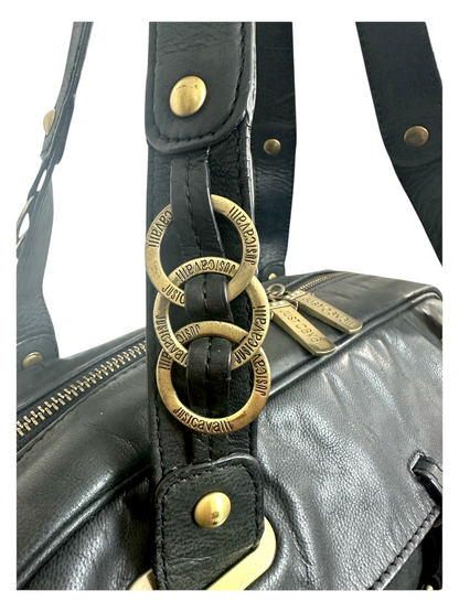 Just Cavalli – Sac Bowling – Cuir Noir & Métal Doré – Made in Italy