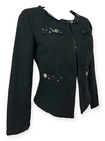 Moschino Jeans Donna – Veste Noire en Coton Texturé – Détails Brodés et Perles