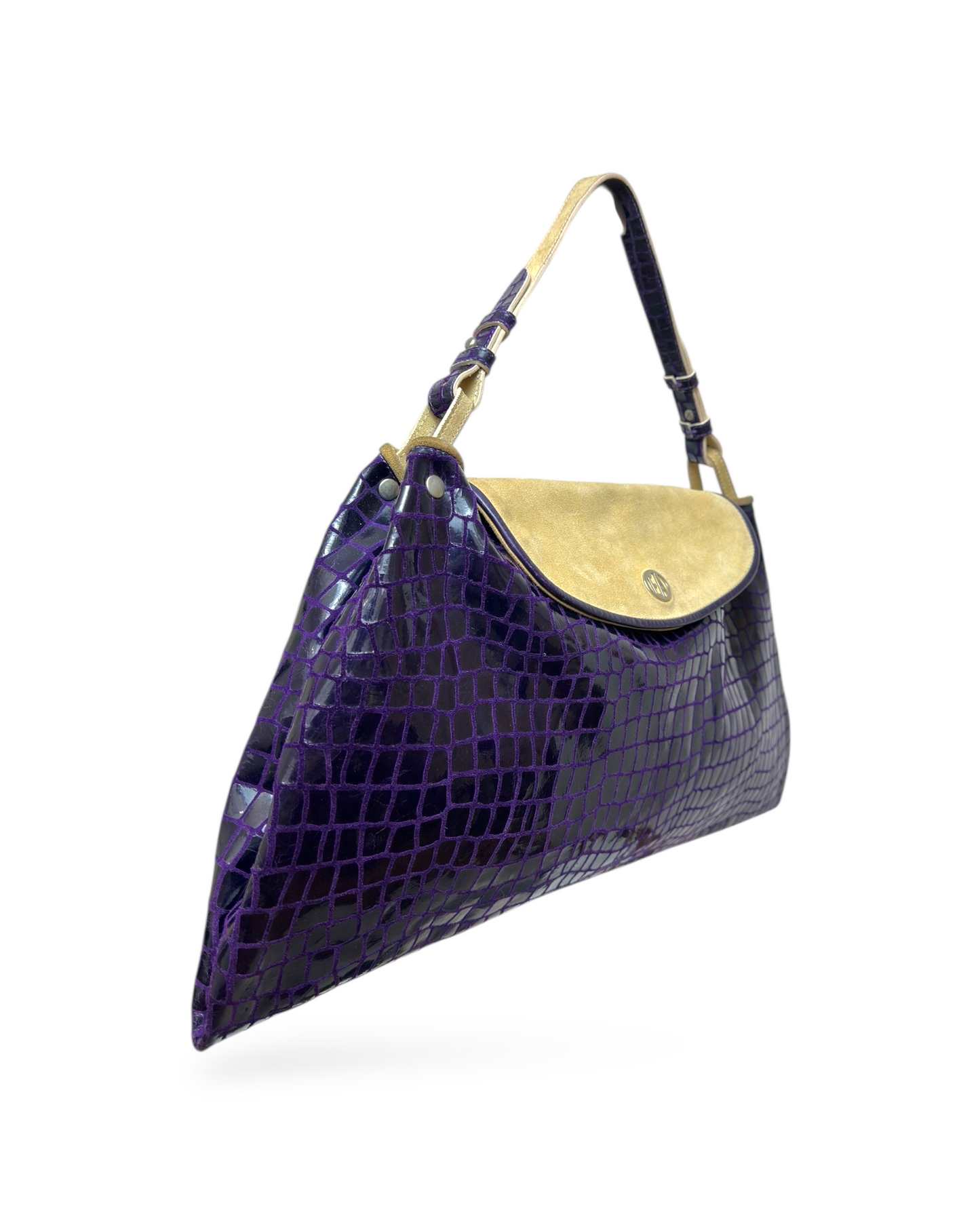 Emporio Armani – Sac Cuir Épaule  – Effet Croco Verni Violet & Daim Beige – Made in Italy