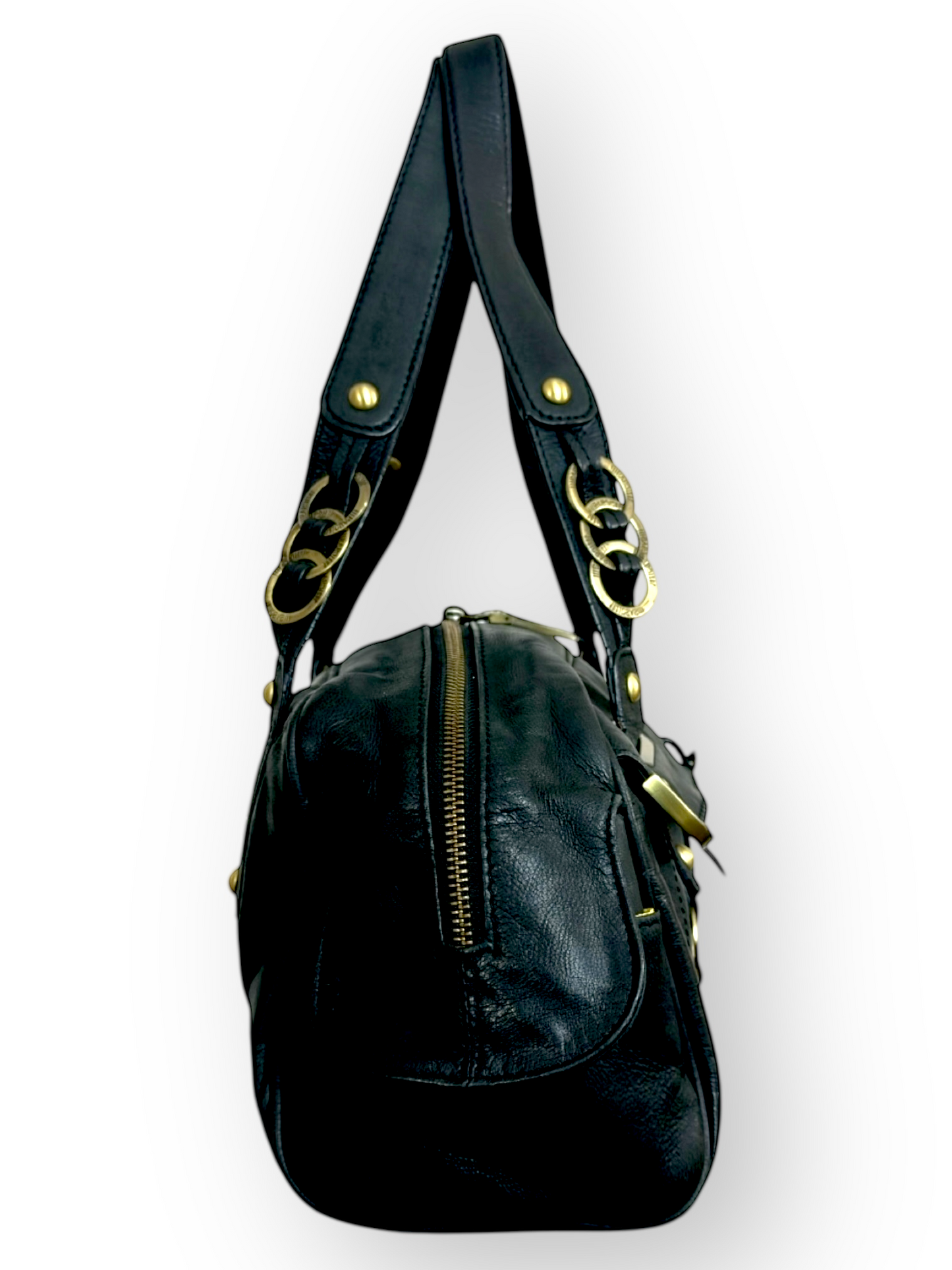 Just Cavalli – Sac Bowling – Cuir Noir & Métal Doré – Made in Italy