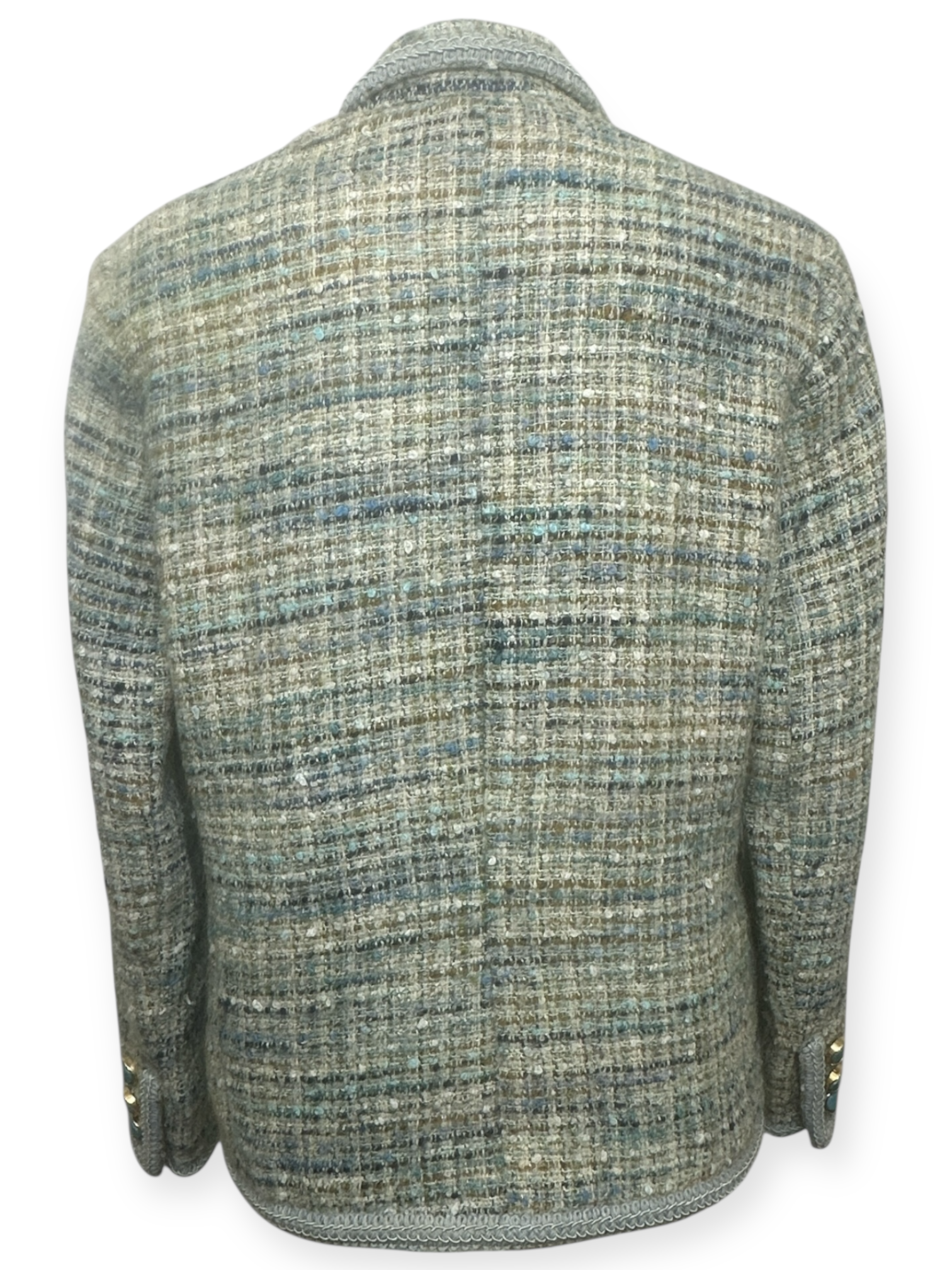 Veste Tweed Couture – boutons turquoise – made in France – années 70 – coupe droite structurée – pièce rare et précieuse | Paris-Bonheur