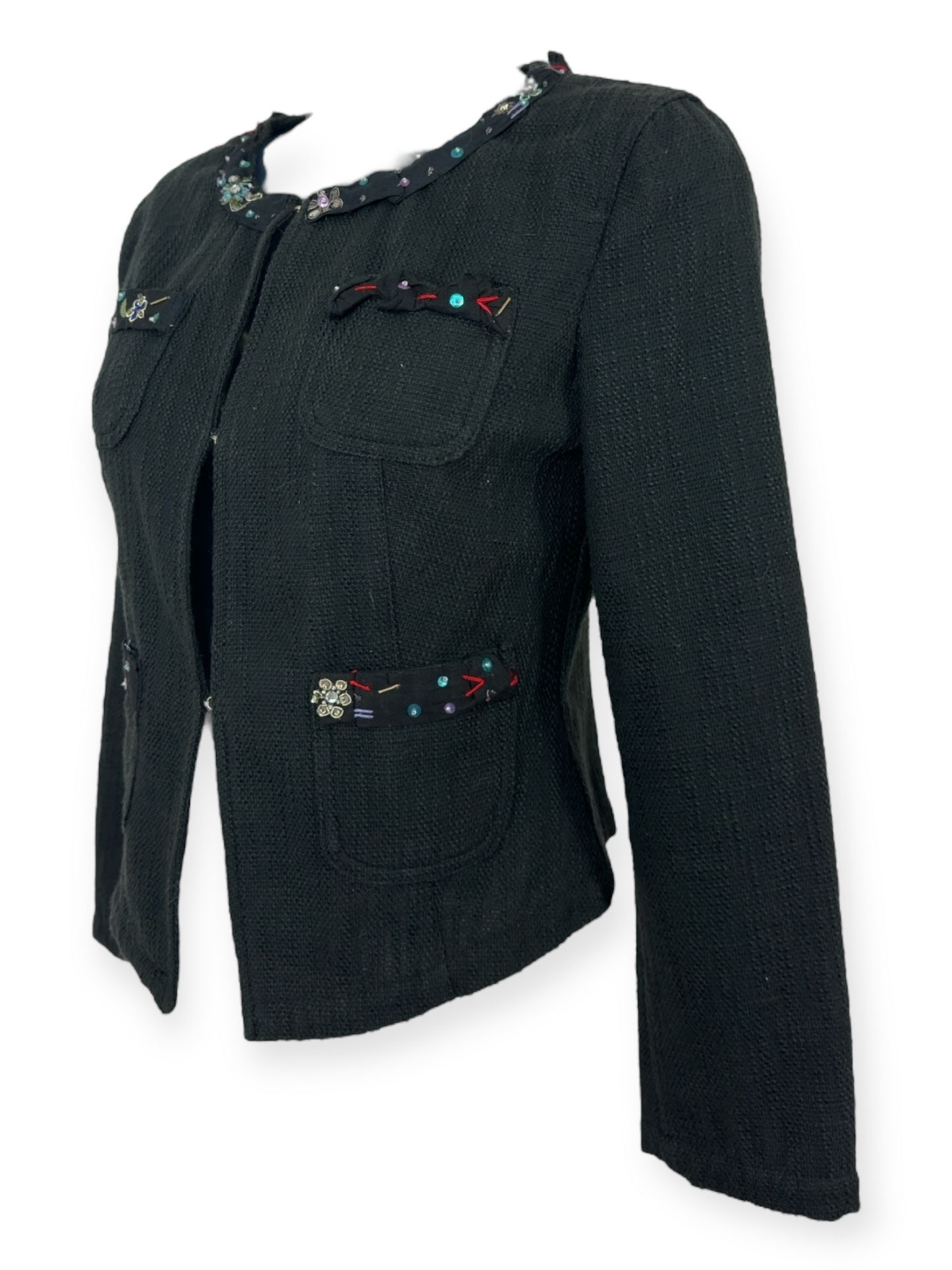 Moschino Jeans Donna – Veste Noire en Coton Texturé – Détails Brodés et Perles