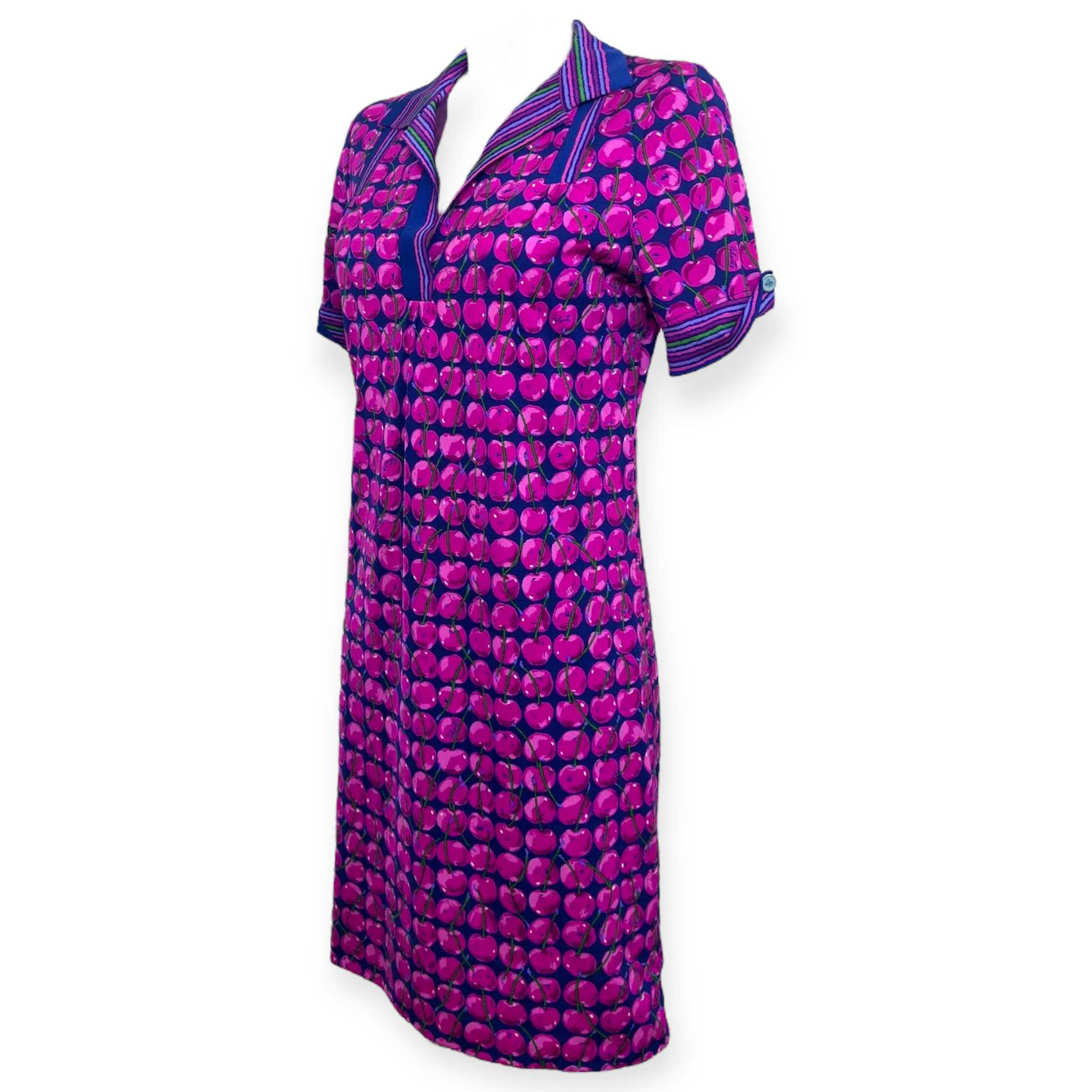 Robe italienne imprimé cerises fuchsia bleu - Robe vintage Tito Sport x Falconetto Ken Scott made in Italy - Pièce iconique mode italienne femme luxe | Paris Bonheur