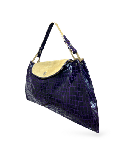 Emporio Armani – Sac Cuir Épaule  – Effet Croco Verni Violet & Daim Beige – Made in Italy