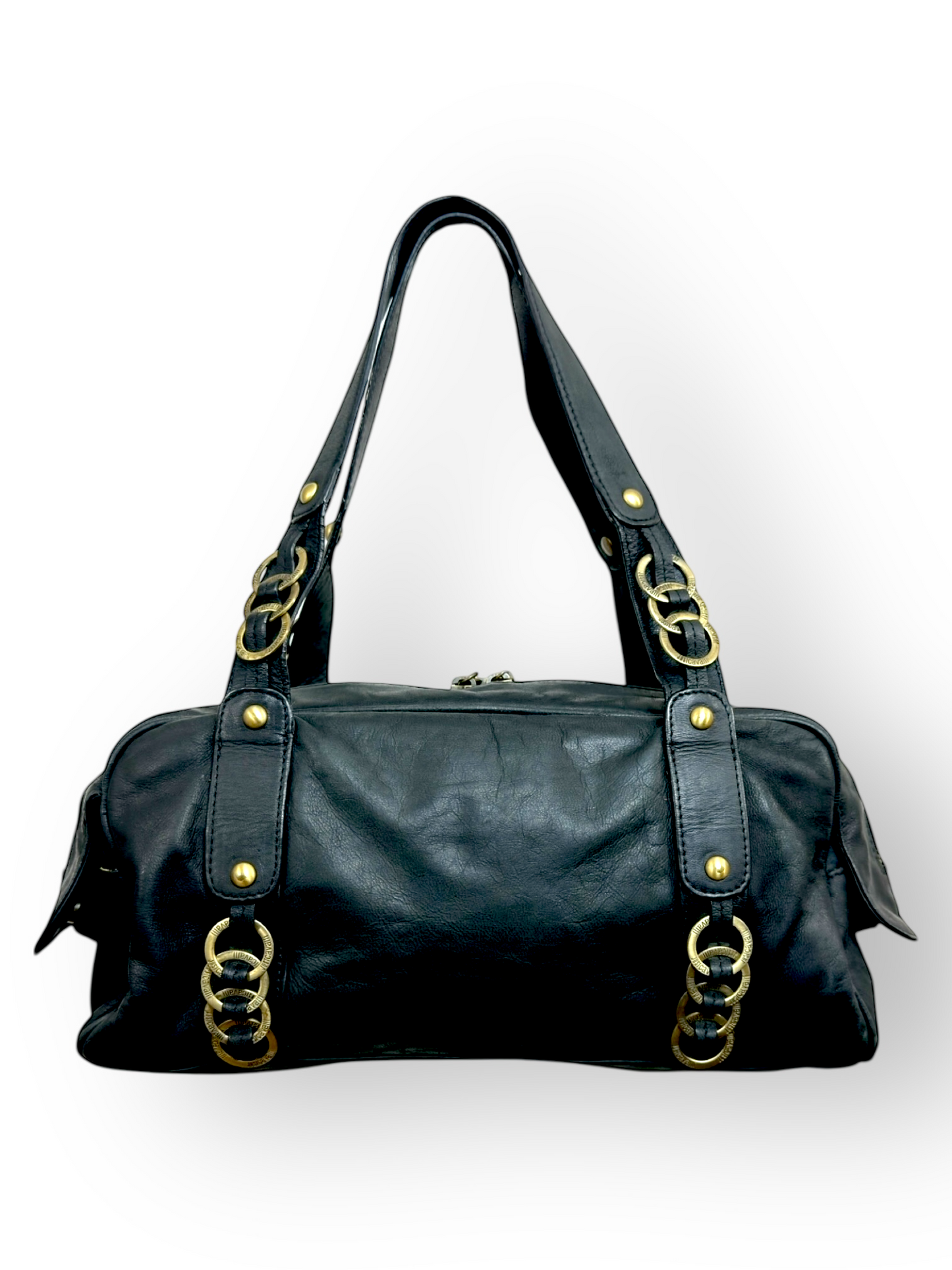 Just Cavalli – Sac Bowling – Cuir Noir & Métal Doré – Made in Italy