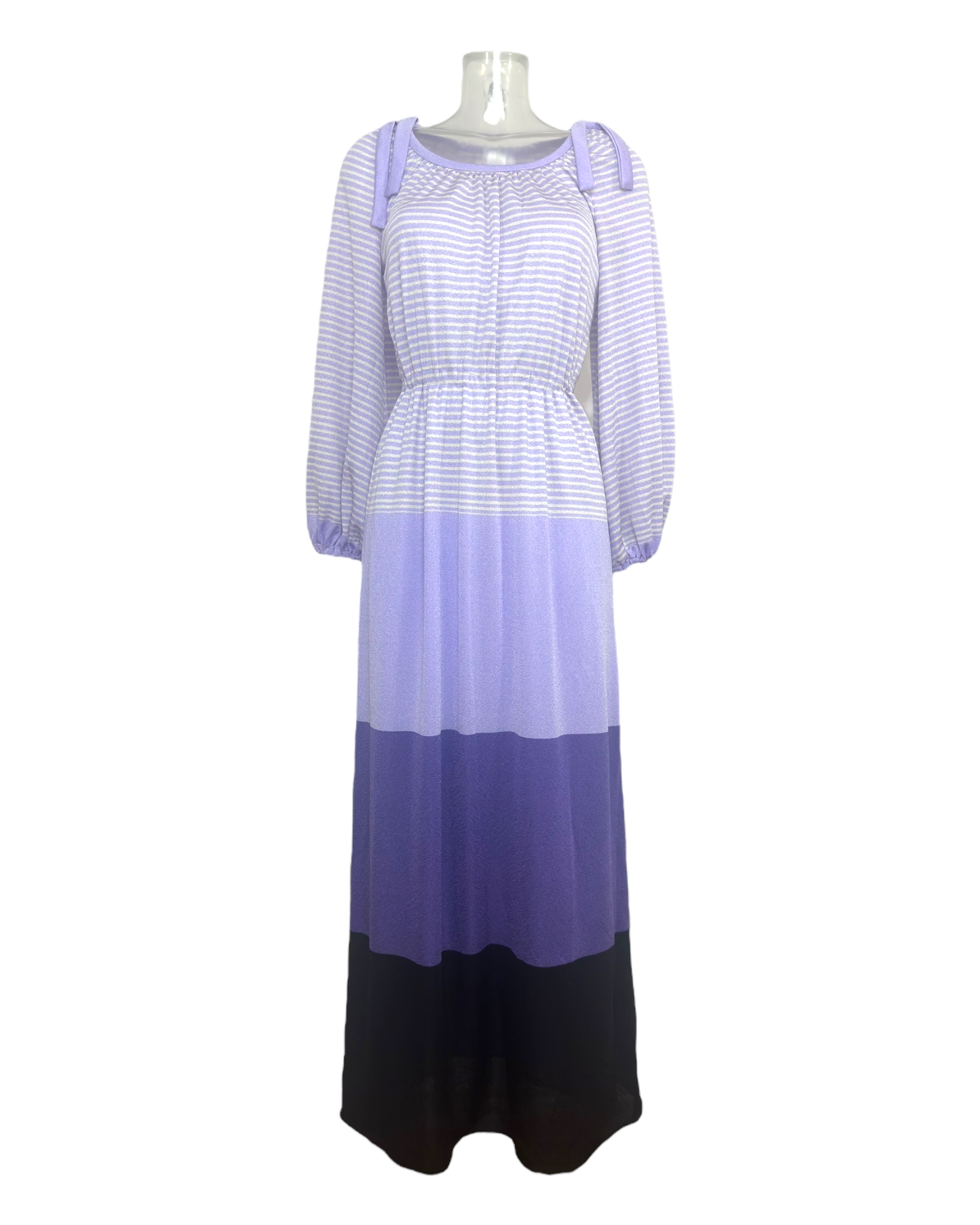 Georges Kay Paris – Robe longue rayée lilas dégradé violet et noir – Années 1970 | Sélection Paris Bonheur