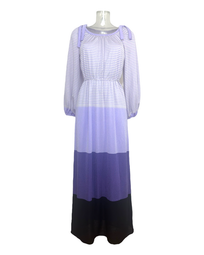 Georges Kay Paris – Robe longue rayée lilas dégradé violet et noir – Années 1970 | Sélection Paris Bonheur