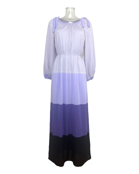 Georges Kay Paris – Robe longue rayée lilas dégradé violet et noir – Années 1970 | Sélection Paris Bonheur
