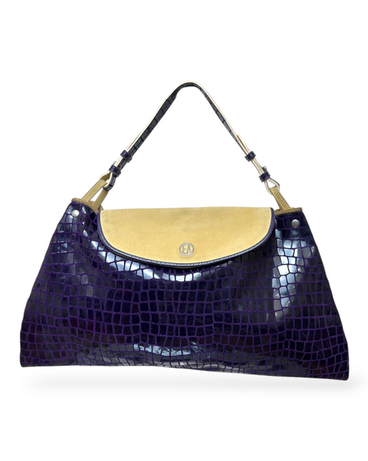 Emporio-Armani – sac-trapèze-épaule – croco-verni-&-Daim – violet-&-beige – bandoulière-ajustable – silhouette-structurée – fabrication-Italie – code-EA-VTG01 – Circa-2000 | Paris-Bonheur
