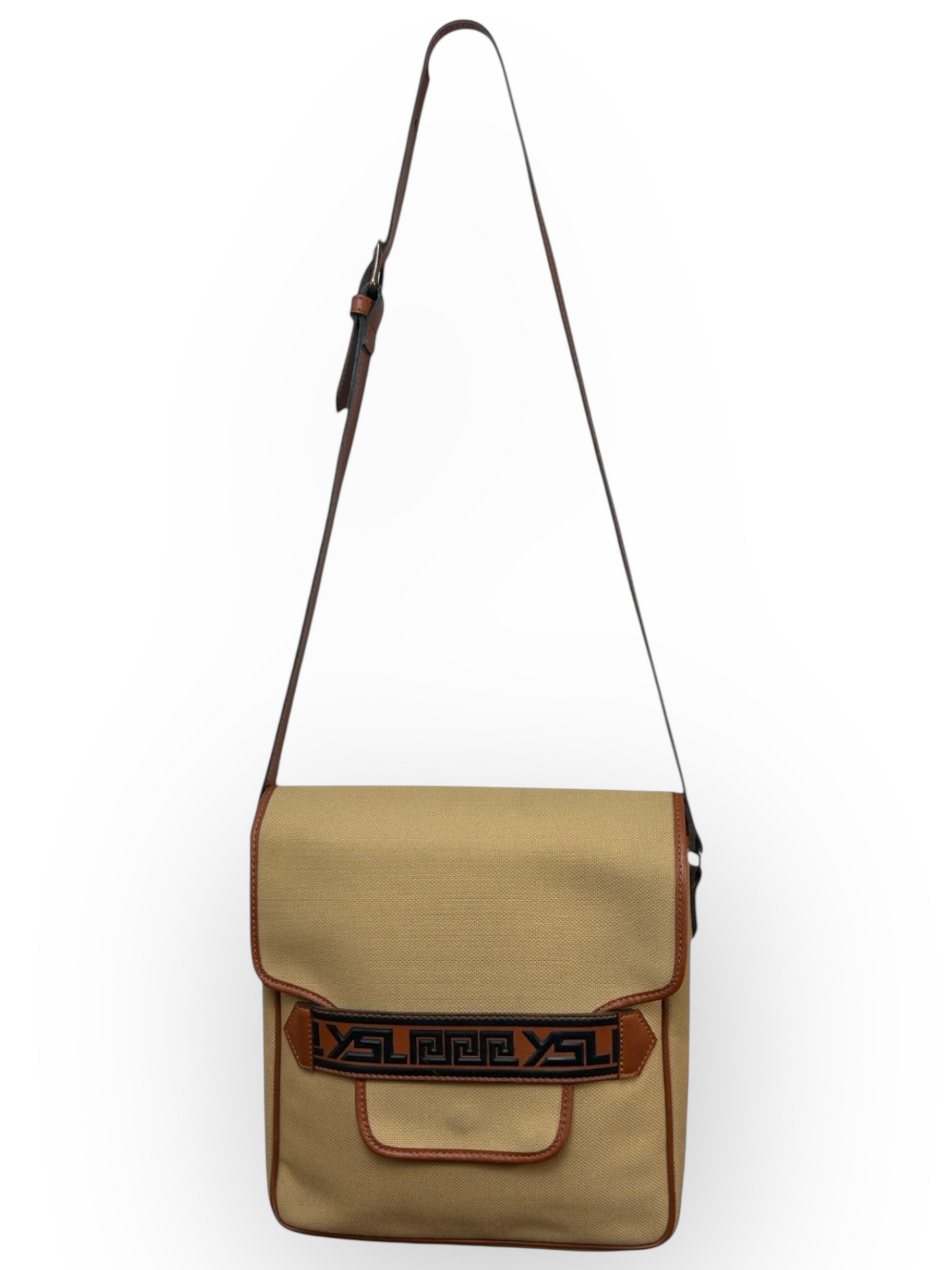 Yves Saint Laurent – Sac messager vintage en toile beige Greek Key | Paris Bonheur