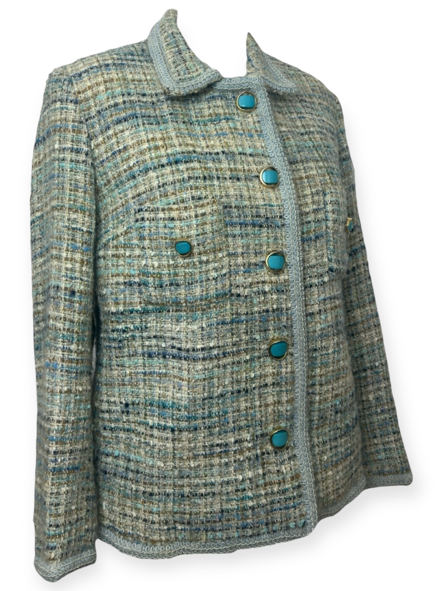 Sélection Paris Bonheur – Veste Tweed Couture – boutons turquoise– Années 70  – Made in France