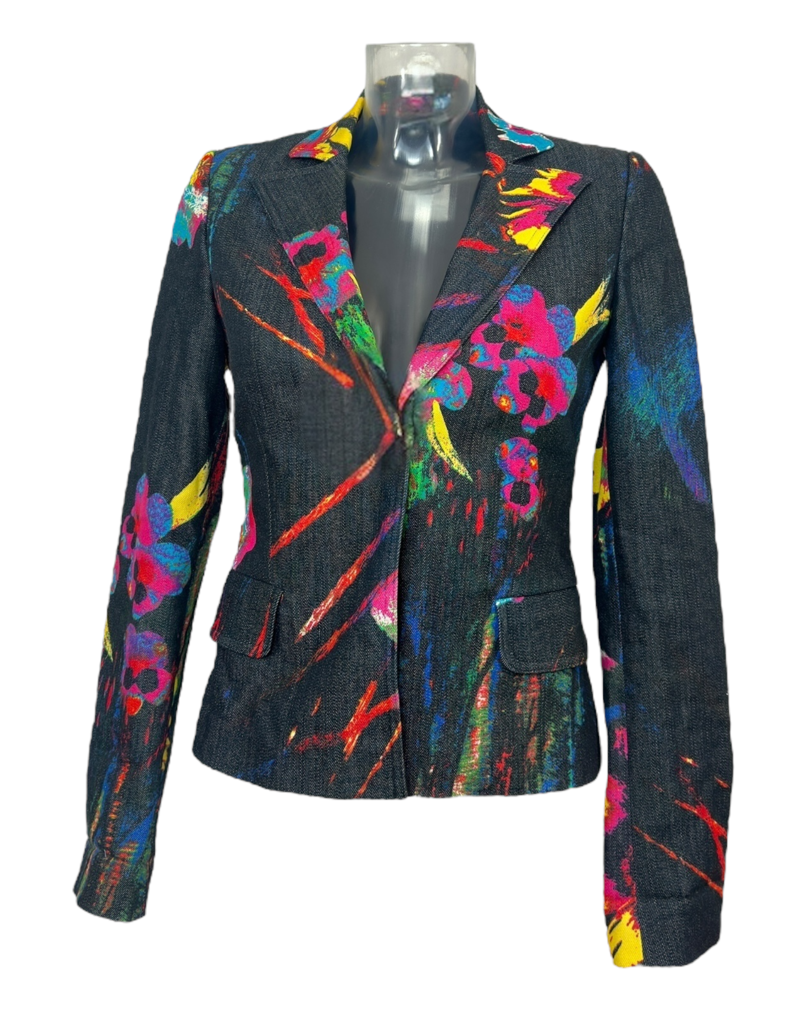 Dolce & Gabbana – veste cintrée – motif floral abstrait multicolore – revers classiques – noire – made in Italy – 2010's | Paris Bonheur