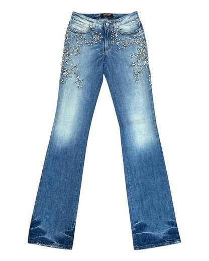 Roberto-Cavalli – jean-vintage – denim-bleu – flare – bleu-strassé – Made in Italy – 2000's | Paris Bonheur