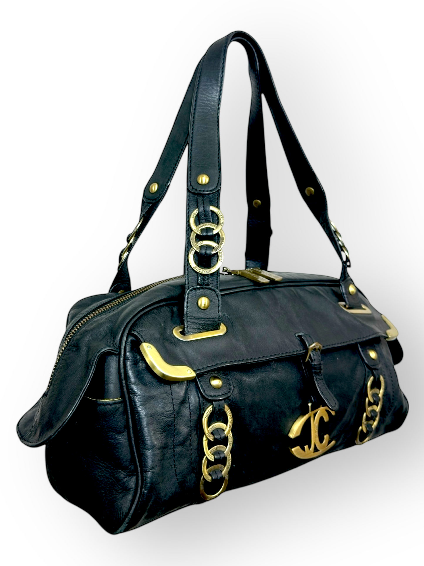 Just Cavalli – Sac Bowling – Cuir Noir & Métal Doré – Made in Italy