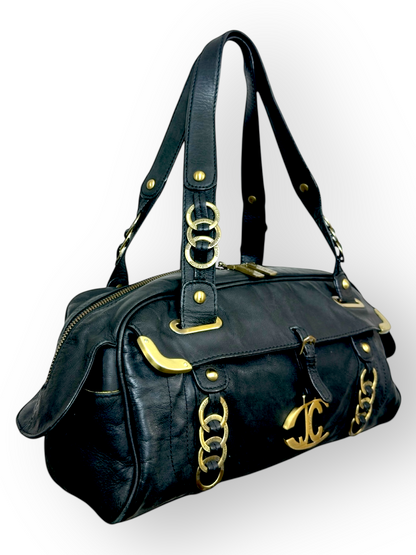 Just Cavalli – Sac Bowling – Cuir Noir & Métal Doré – Made in Italy