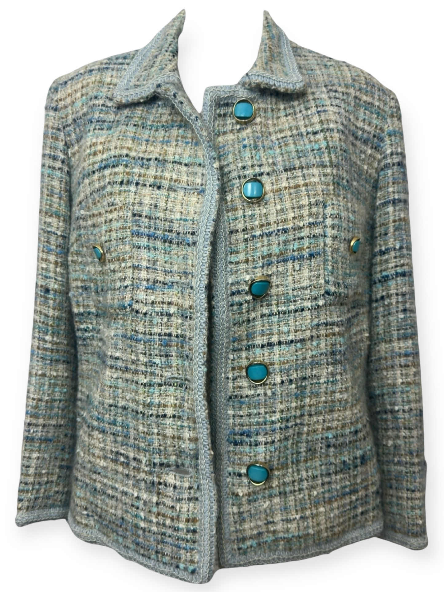Sélection Paris Bonheur – Veste Tweed Couture – boutons turquoise– Années 70  – Made in France