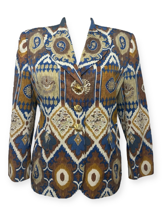 electre-paris – veste-ikat – années-80 – boutons-dorés – made-in-france – coupe-structurée – pièce-unique – sélection-paris-bonheur