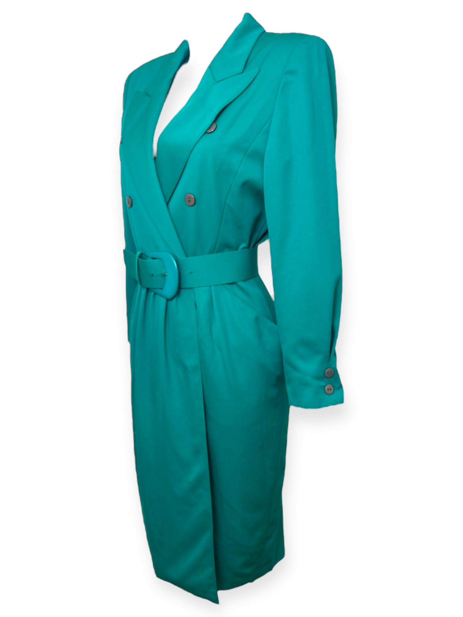 Electre – robe-tailleur-verte – vintage-80s – pure-laine – fabrication-france – tailoring-structuré – ceinture-assortie – sélection-Paris-Bonheur