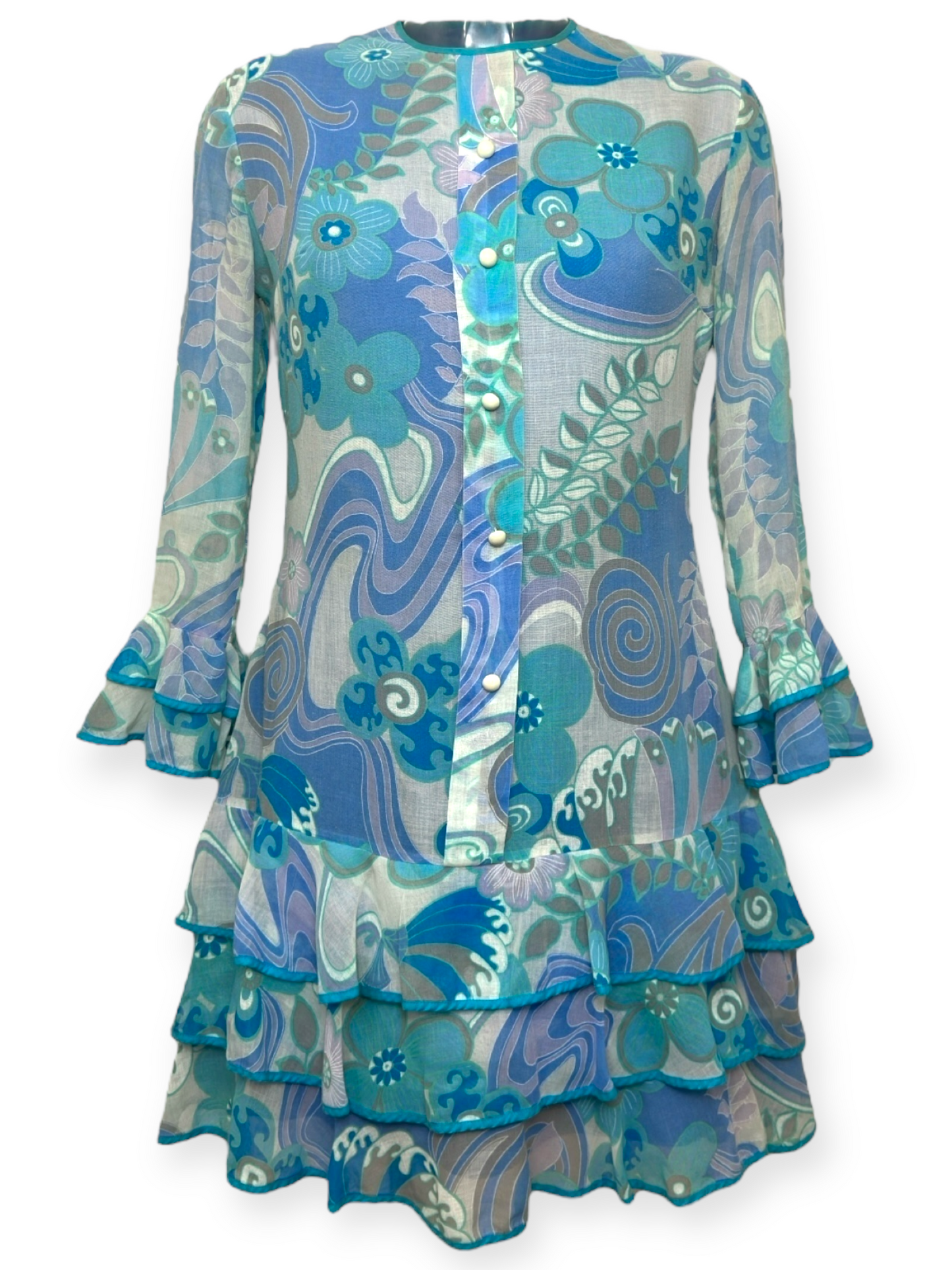 robe-psychédélique-volants – vintage–70 – motif-bleu-lagon – silhouette-fluide – boutons-nacrés – accessoire-ceinture-non-inclus – pièce-unique – sélection-paris-bonheur