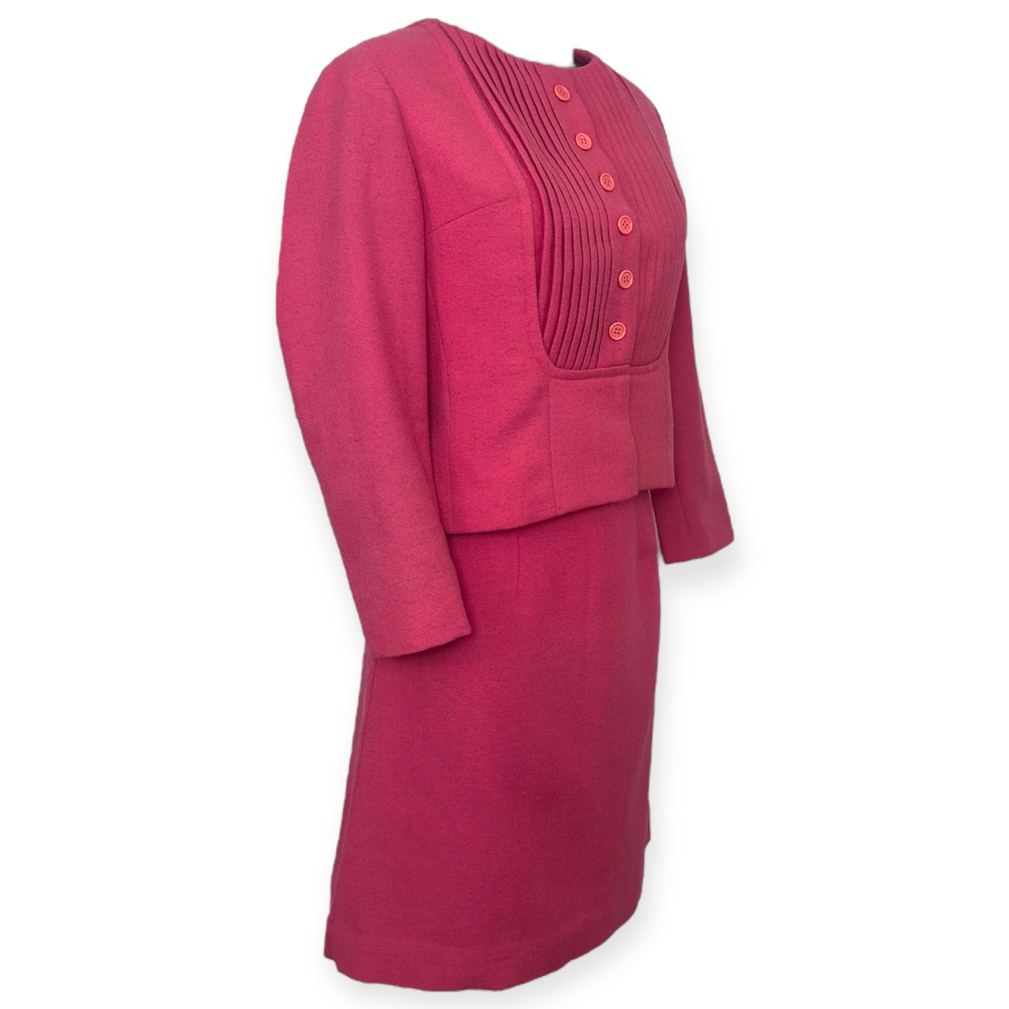 Sélection Paris Bonheur – Hélène Dantin Paris – Tailleur Rose Fuchsia – Laine & Satin – Made in France – Années 1960 | Paris Bonheur