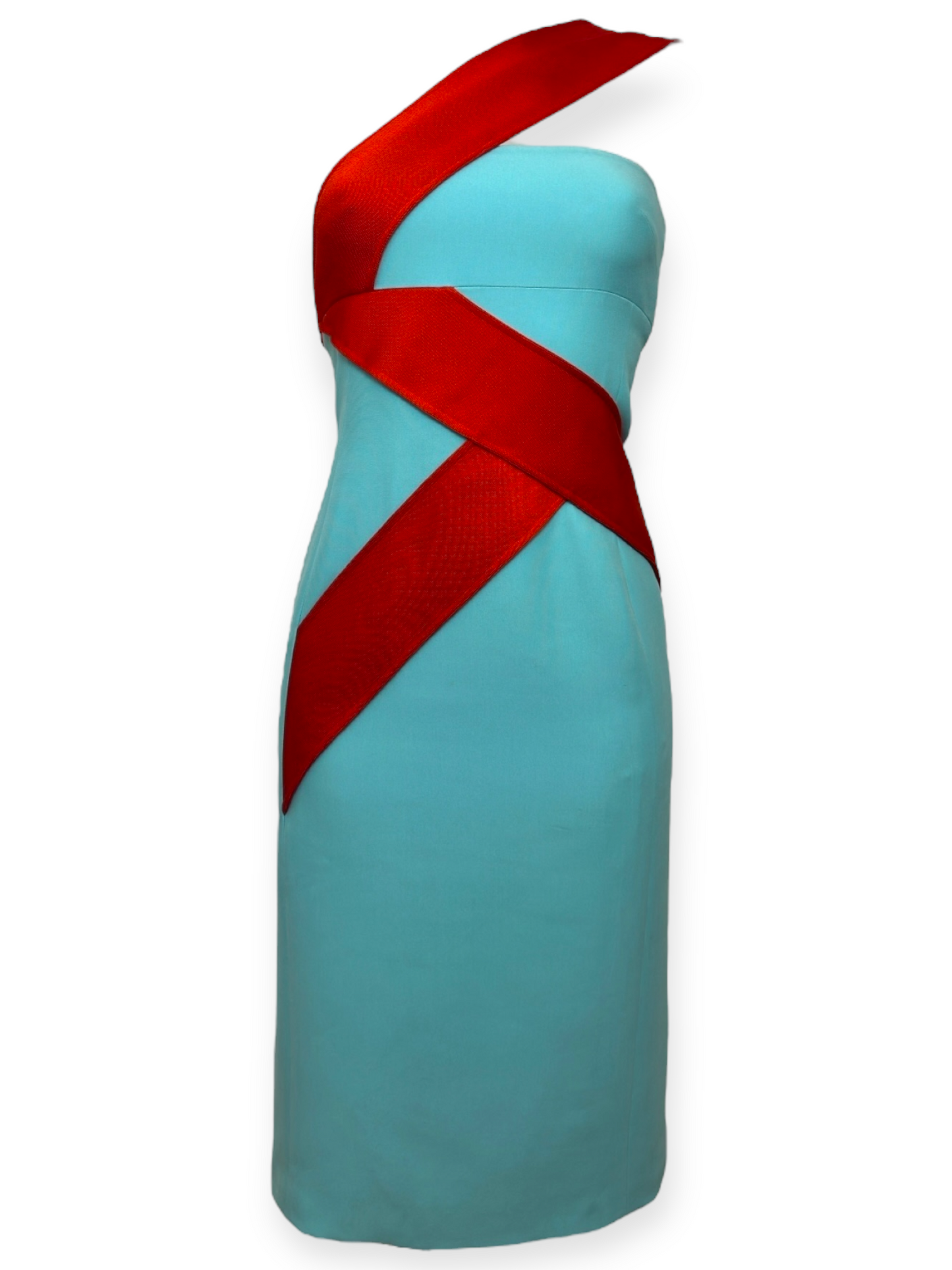 Versace – robe-courte-asymétrique – bandes-architecturales – aqua-&-red – une-épaule – silhouette-sculptée – fabrication-Italy – code-A206160-A2275 – Printemps/Été-2015 | Paris-Bonheur